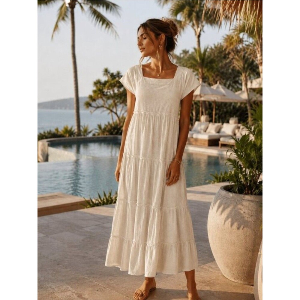 Free People Beach Saltwater Ribbed Tiered Linen Blend Maxi Dress Cream Boho Sz M